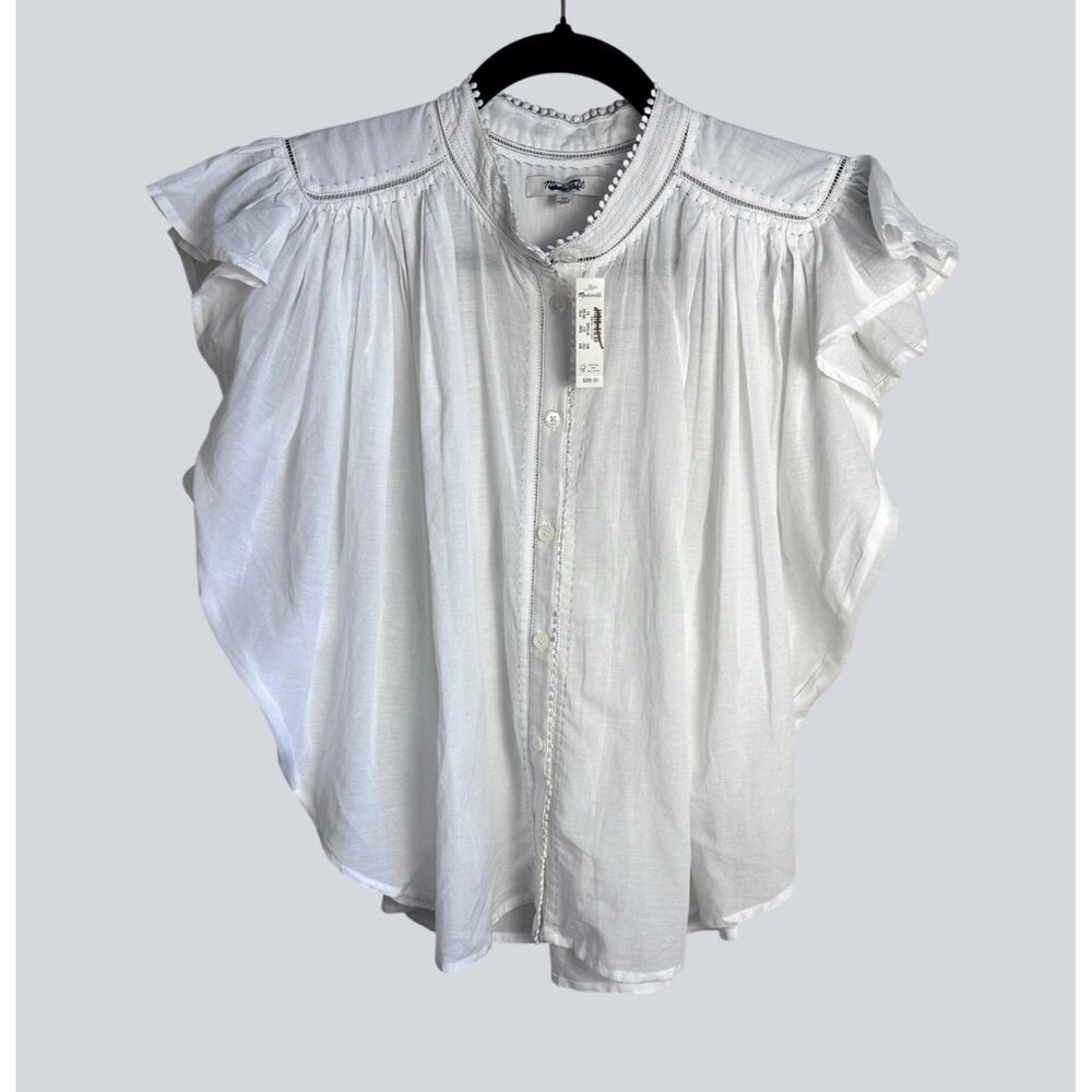 Madewell Womens Shirred Ruffle Lace-Trim Top Sz XS  Cottagecore Flowy Blouse NWT - Picture 3 of 13